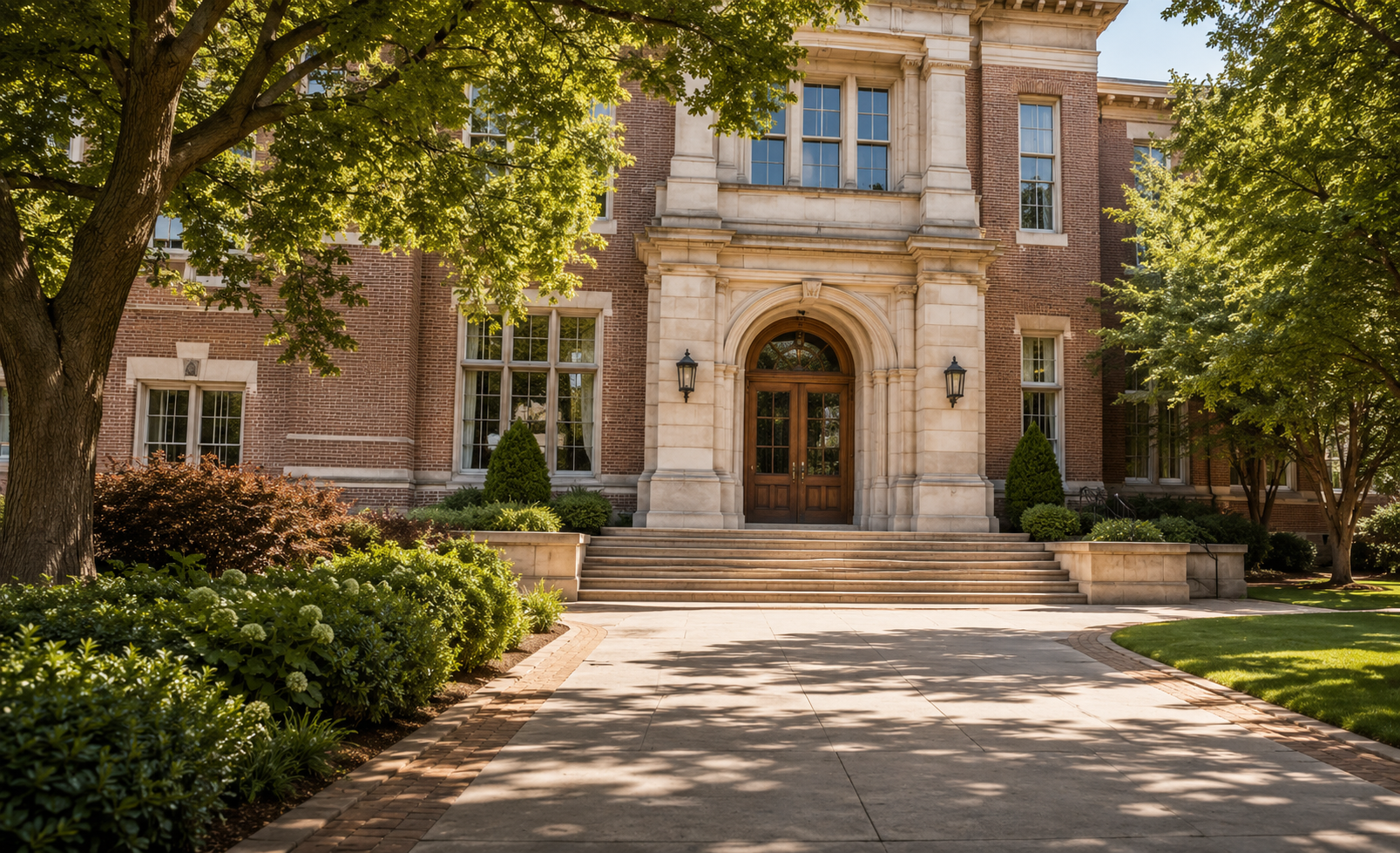 Entrance of a traditional brick academic building with stone steps and trees