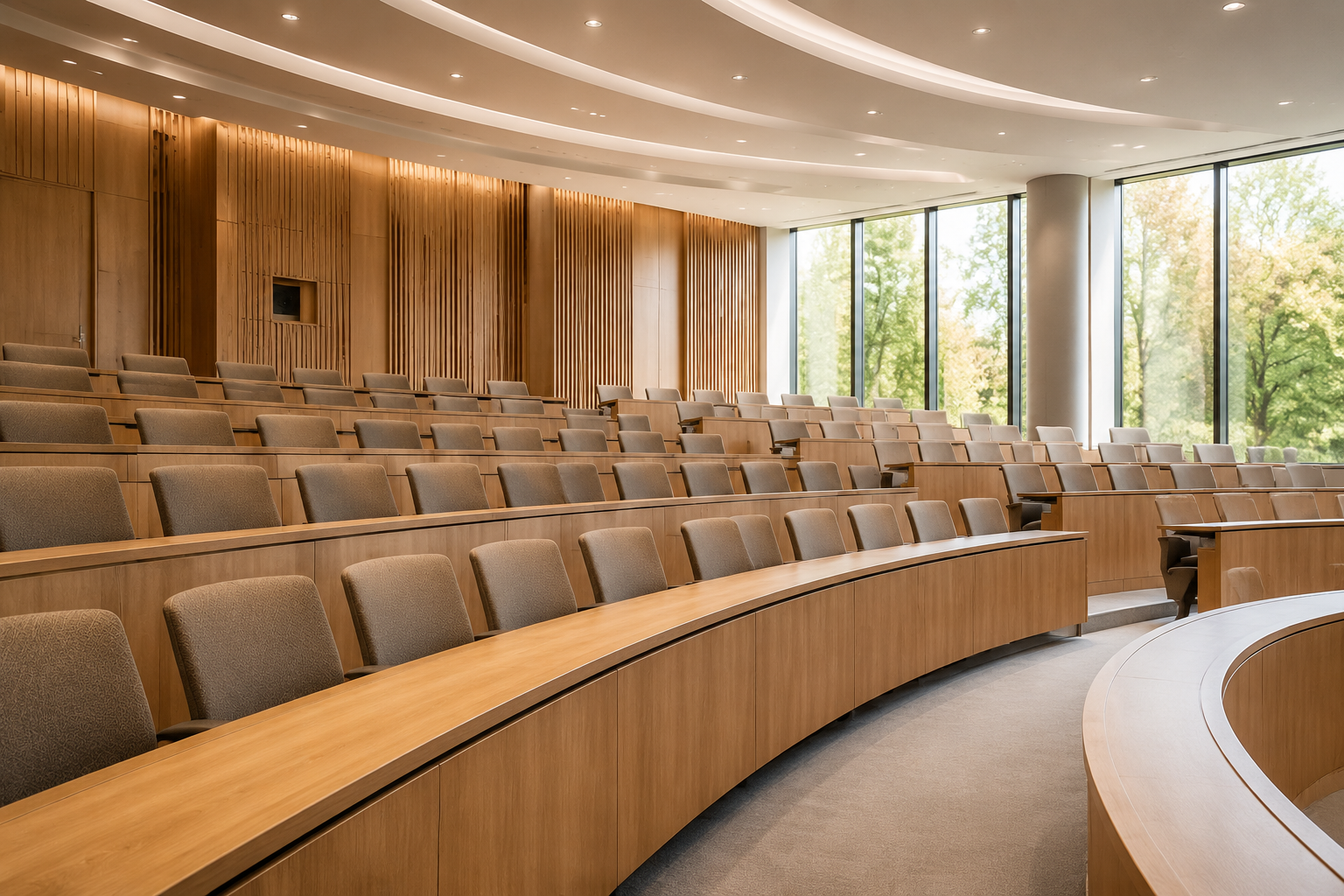 Empty tiered academic lecture hall with wooden benches and tall windows