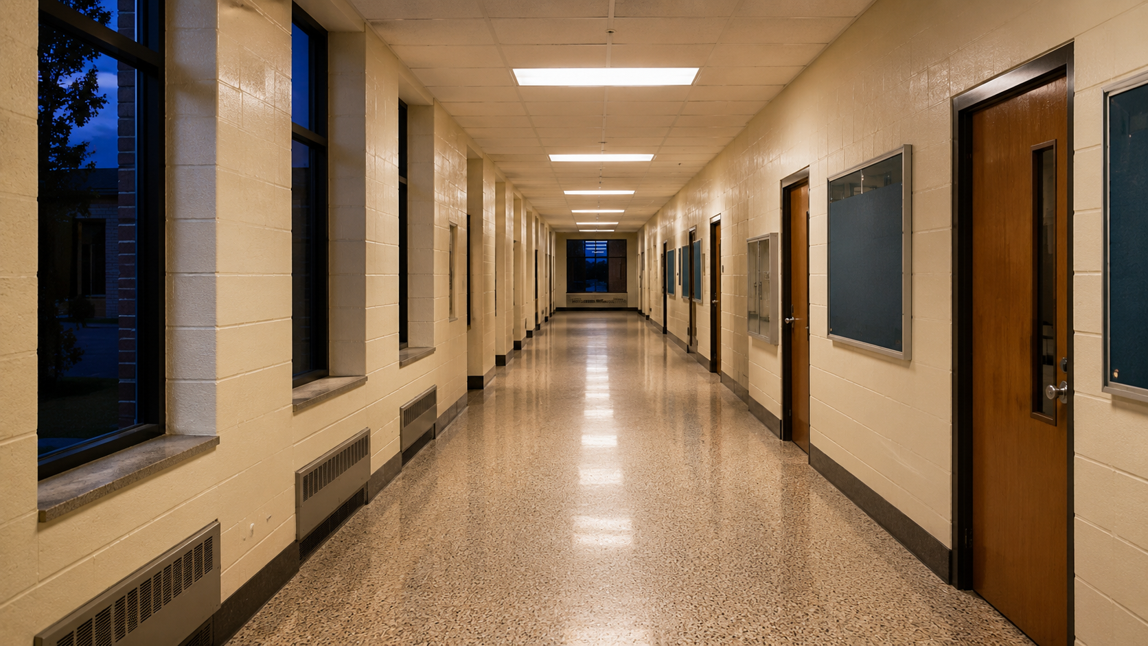 Traditional night-school corridor with classroom doors, notice boards, and evening windows
