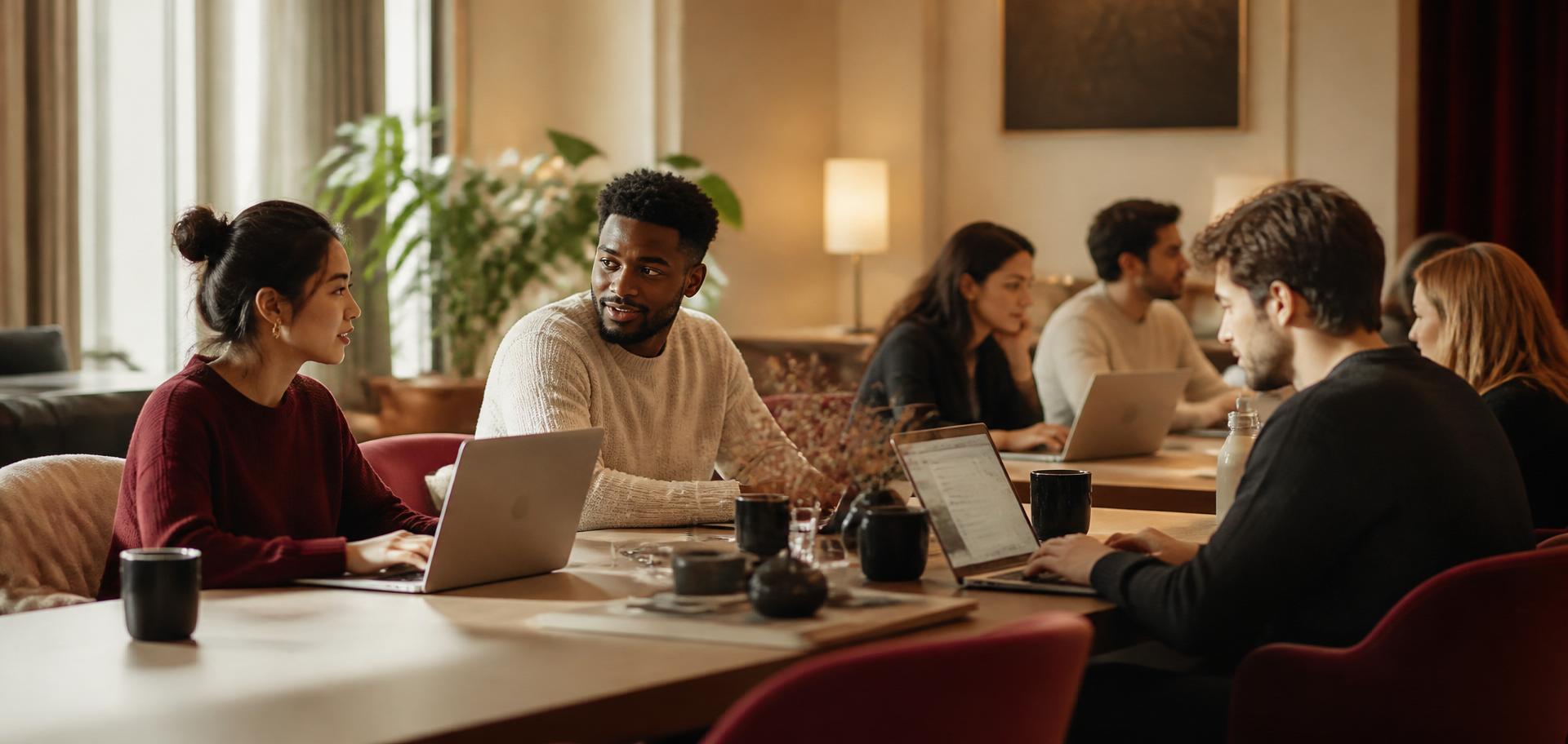 A diverse group of early-career professionals collaborating around laptops and shared research materials