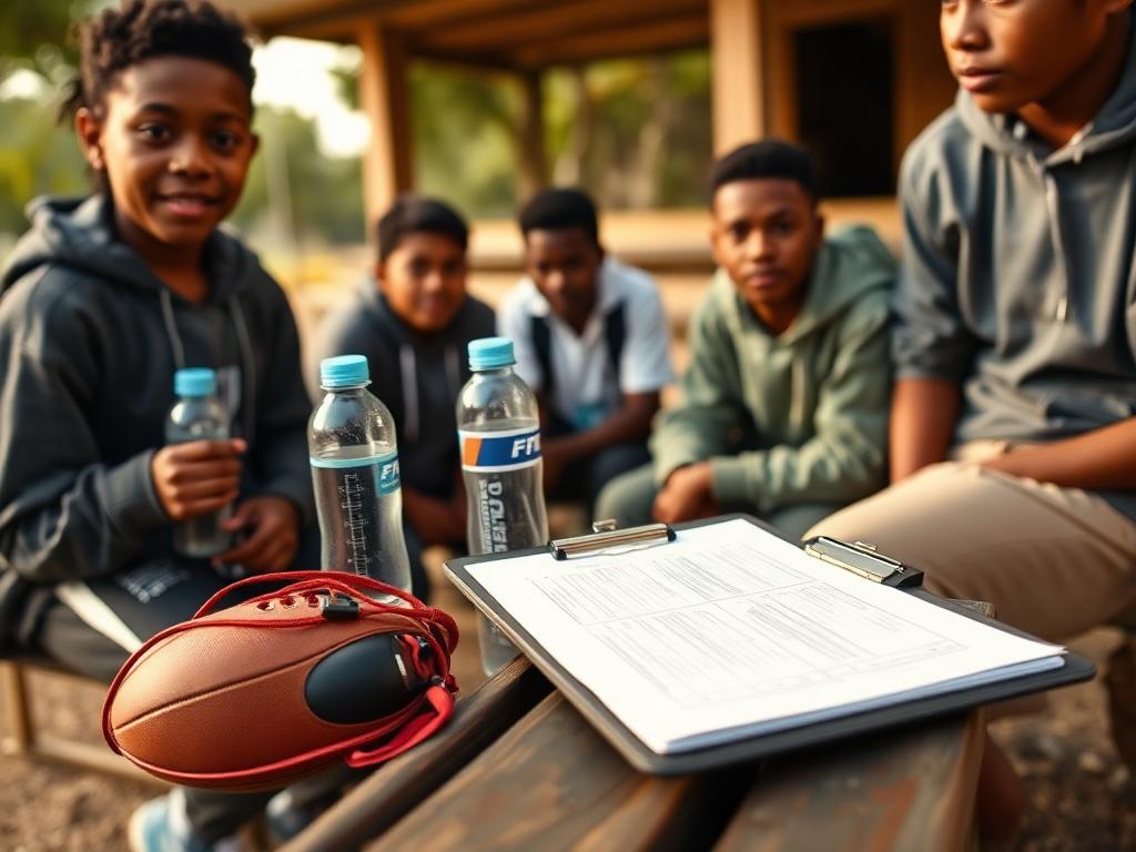 Young people gathered with sports equipment and planning materials