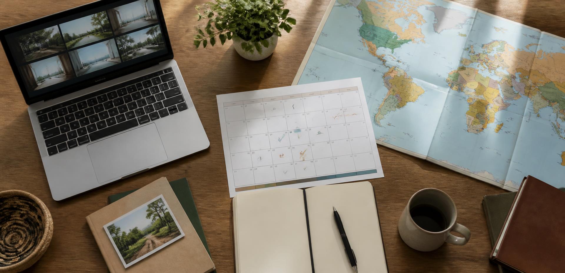 A laptop, printed calendar, notebook, and world map arranged on a warm wooden desk for international project planning
