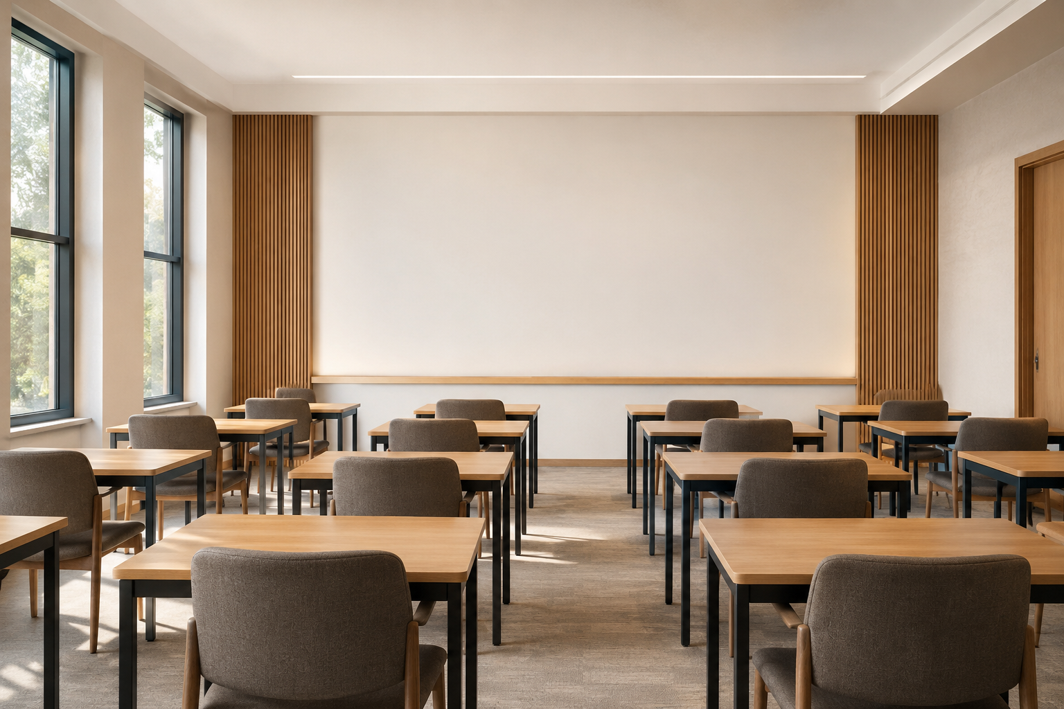 Empty traditional classroom with wooden desks, chairs, and daylight windows