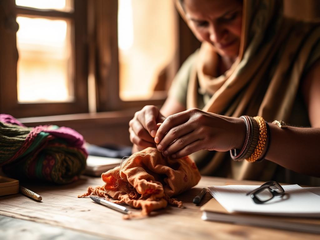 A woman practicing textile and craft skills in a community workshop