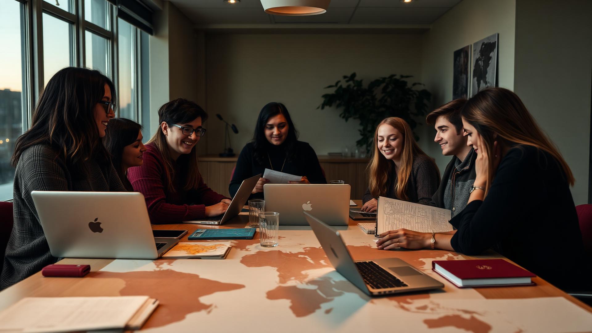 A globally connected Fellowship team working late at a shared table.