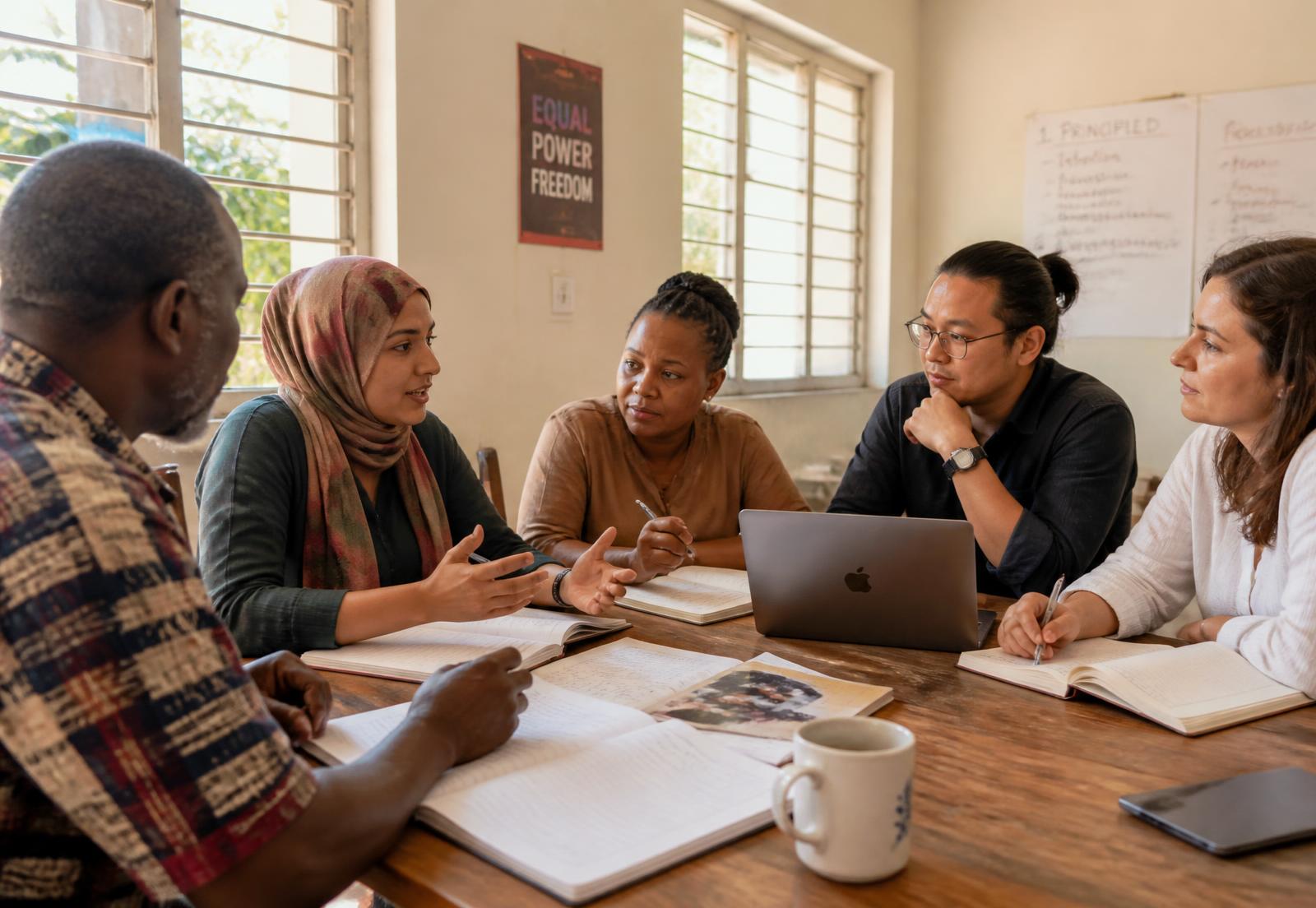 Educators and community leaders from different countries working together around a table with notebooks and a laptop