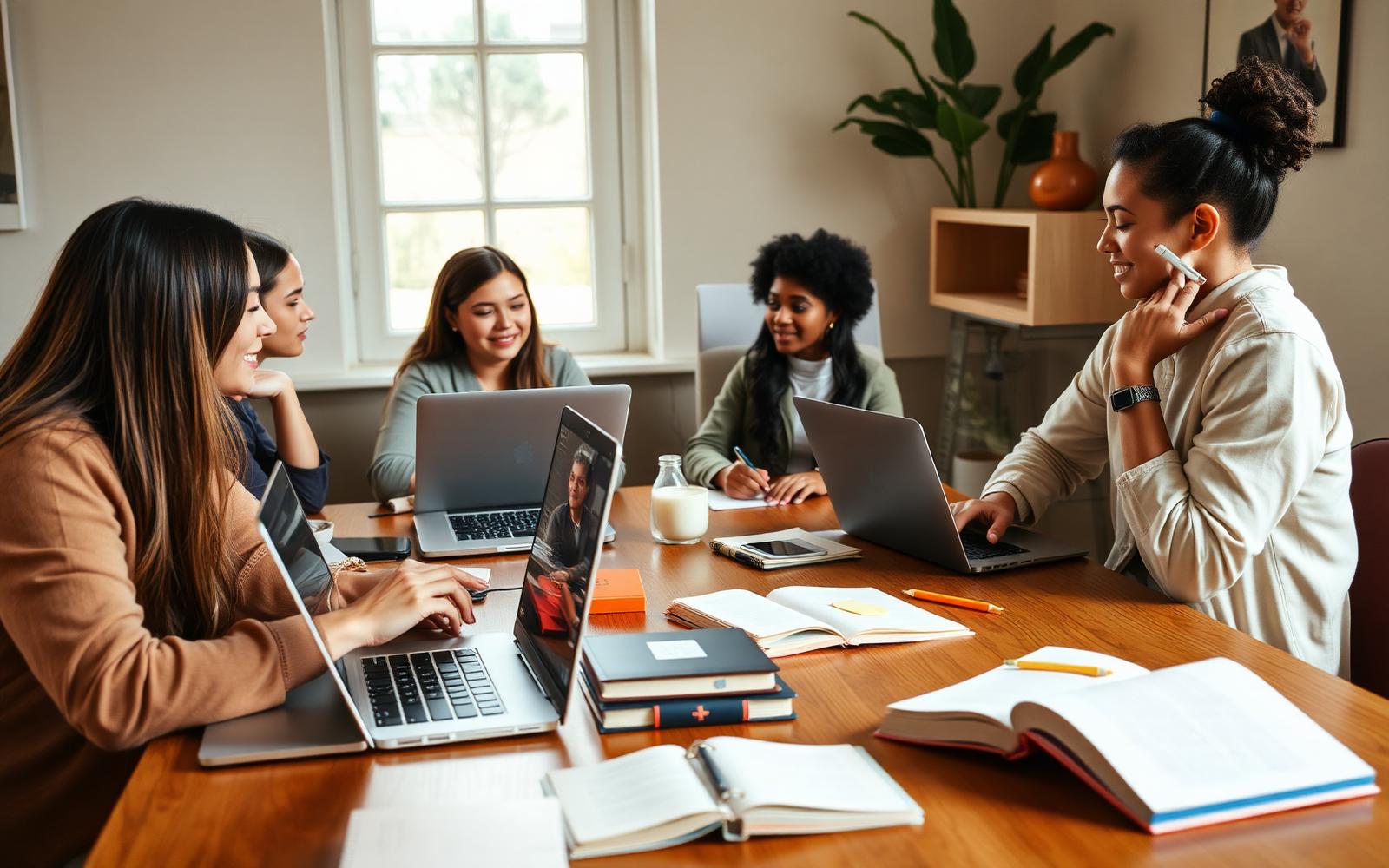 Diverse early-career professionals collaborating remotely around laptops in a bright workspace