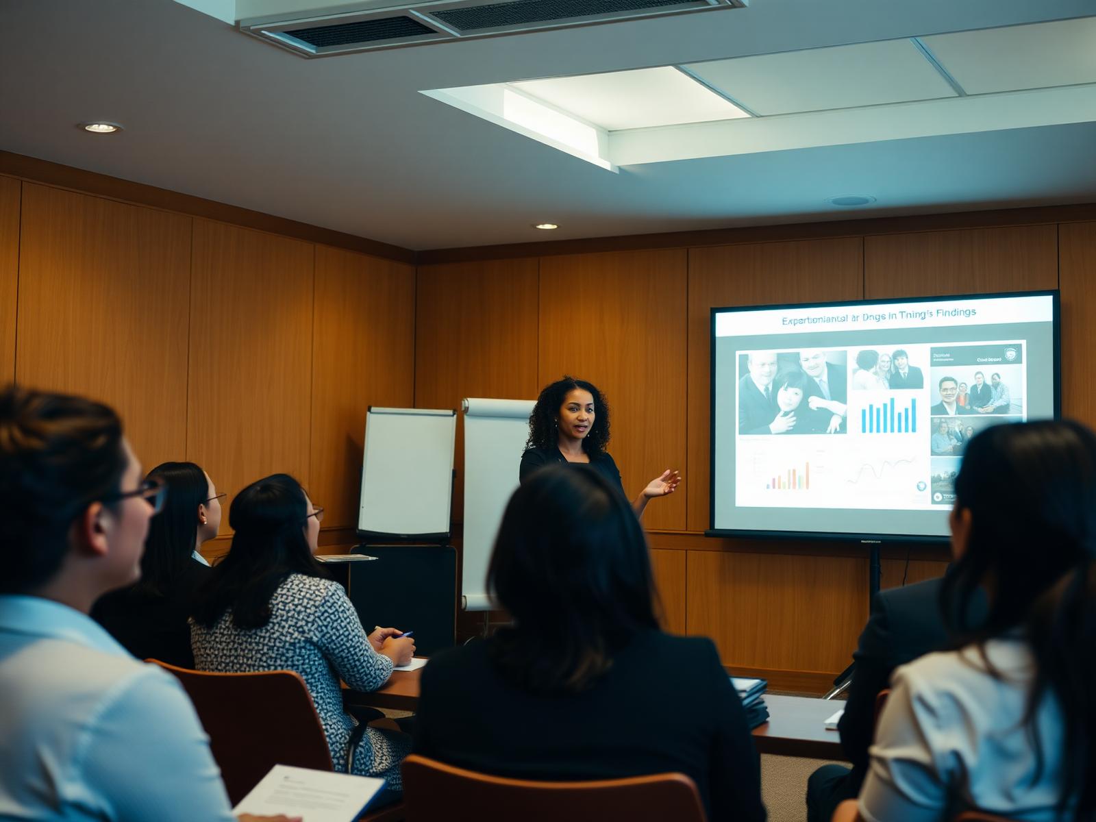 A Fellow presenting completed research to invited professionals in a formal reviewing environment.